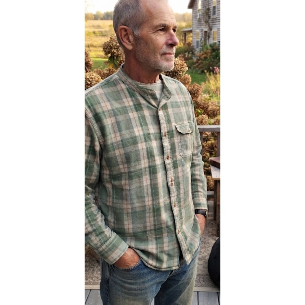 Vtg Polo Ralph Lauren Mens Green Plaid Shirt Band Collar L/Sleeve Blade Sz Med